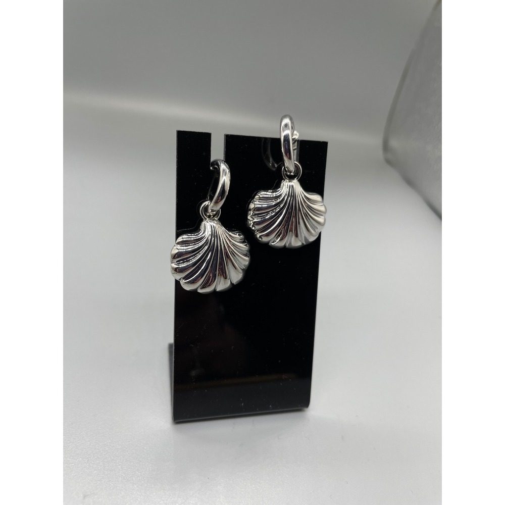 SilverTone Scallop Shell J-Hoop Drop Earrings Coastal Beach Jewelry non magnetic